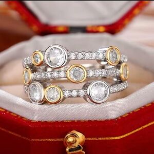 Elegant Silver and Gold Crystal Ring Set